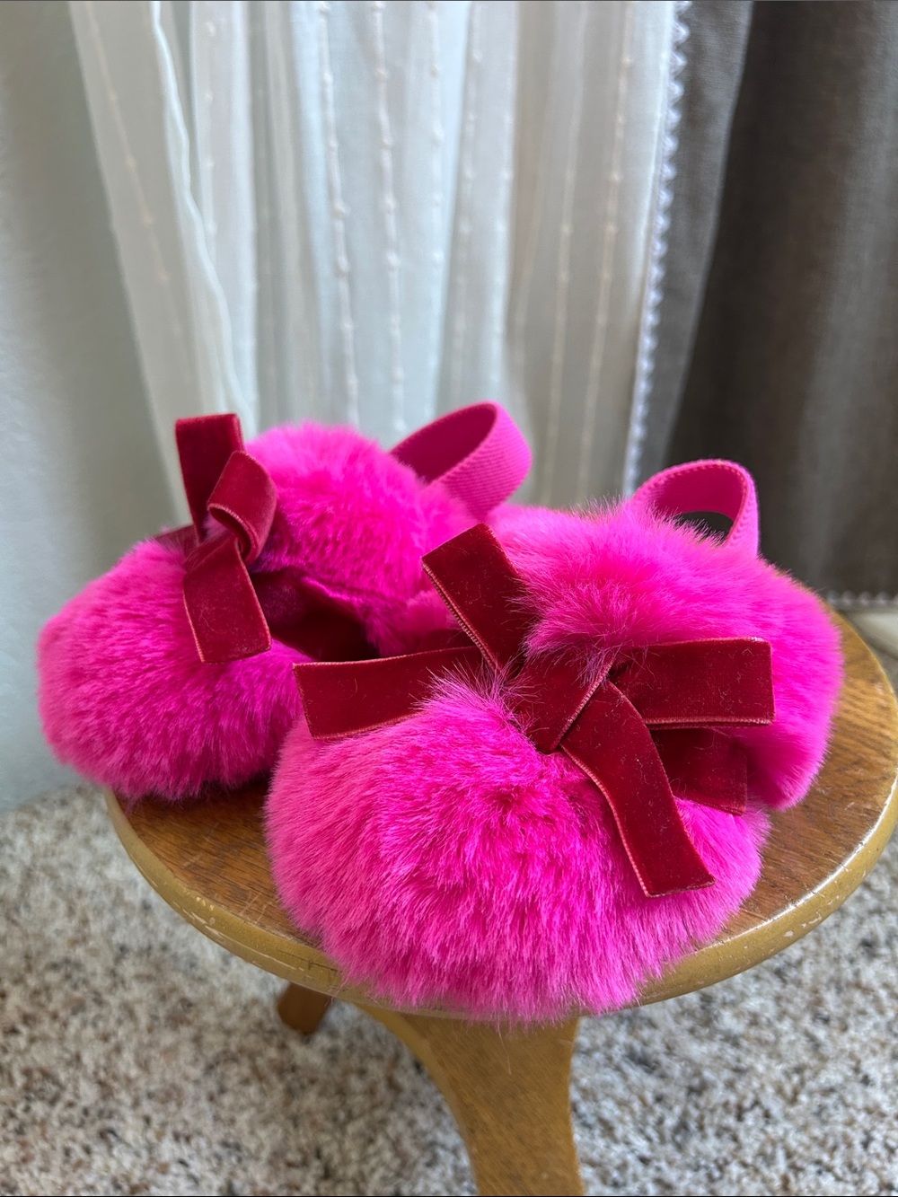 Toddler Hot Pink Fuzzy Slippers with Velvet Bows